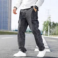 Jean ample en denim pour homme, taille haute, coupe droite, noir/gris, grandes poches, style urbain, grande taille, pantalon long, automne-hiver 2