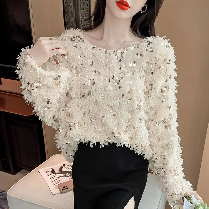 

Pink Fashionable Sequin Feather Sweater Sueters De Mujer Y2k Top Ropa Jumper Korean Pull Femme Oversized Pullover Clothes
