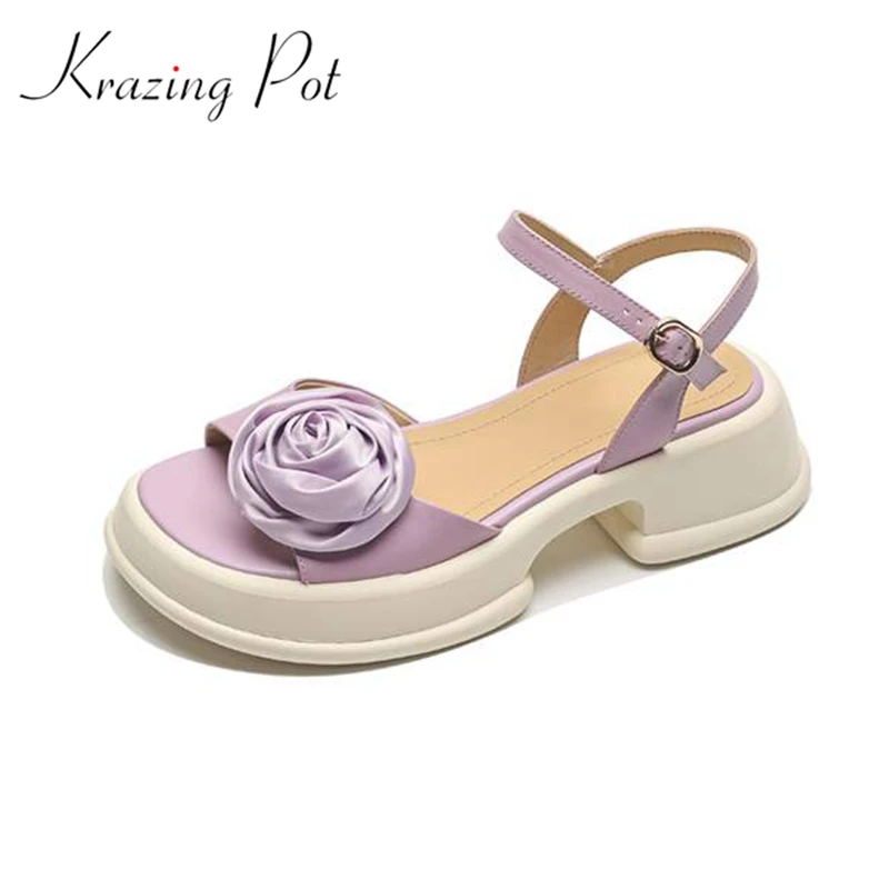 

Krazing Pot Cow Leather Platform Buckle Straps Peep Toe Summer Shoes Flowers Decoration Platformthick Med Heels Sandals Women