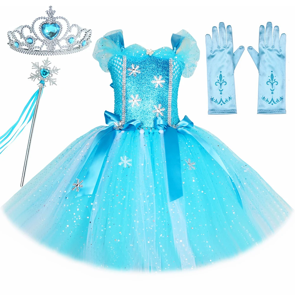 

Glittery Princess Elsa Tutu Dress for Girls Birthday Party Dresses Ball Gown Snow Queen Cosplay Kids Christmas Halloween Costume