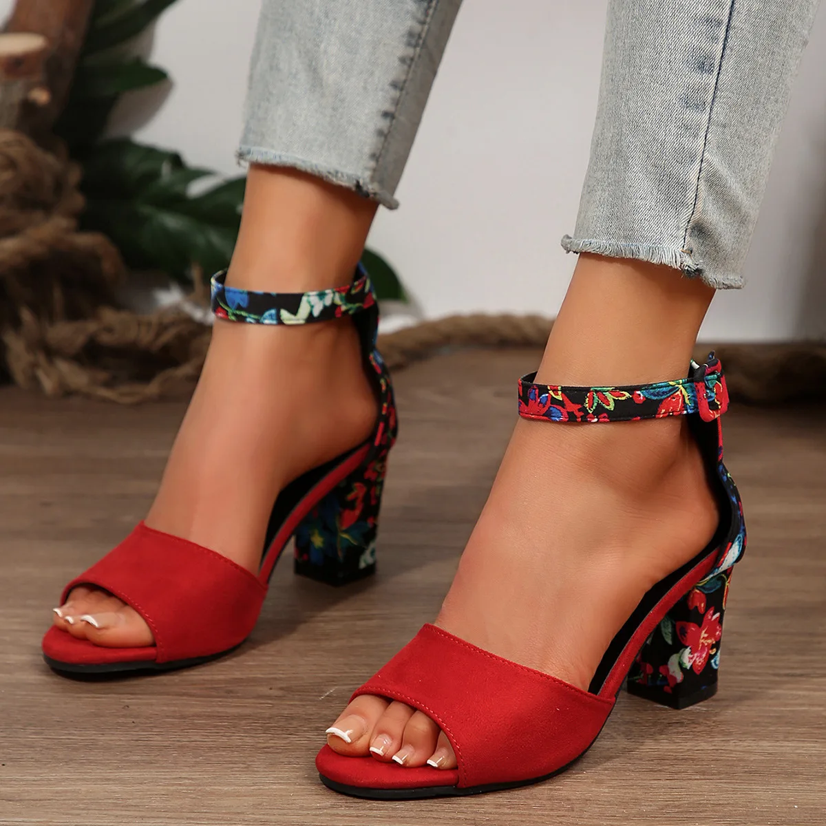 Women Summer Shoes 2026 High Sandals Vintage Flower Print Open Toe High Heels Woman Casual Buckle Ankle Strap Sandalse