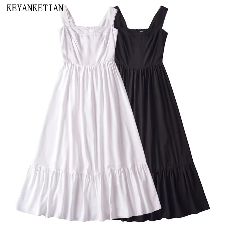 

KEYANKETIAN 2024 New Launch Women's Bow Lace Decoration Sleeveless MIDI Dress Holiday wind Tiered Ruffles Slim A-line Dresses