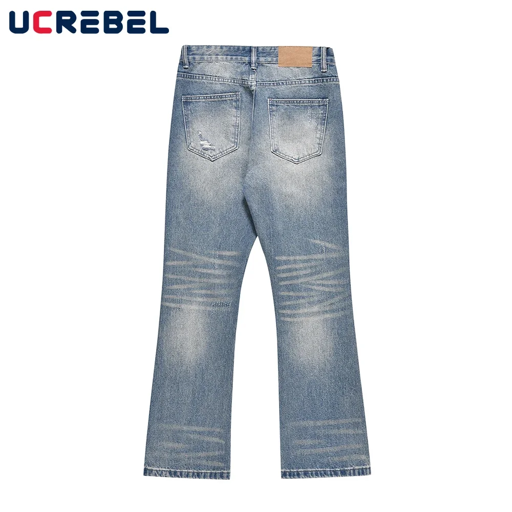 Ripped Hole Casual Denim Pants Mens Retro Washed Distressed Loose Straight-leg Vibe Style Flared Pants 2