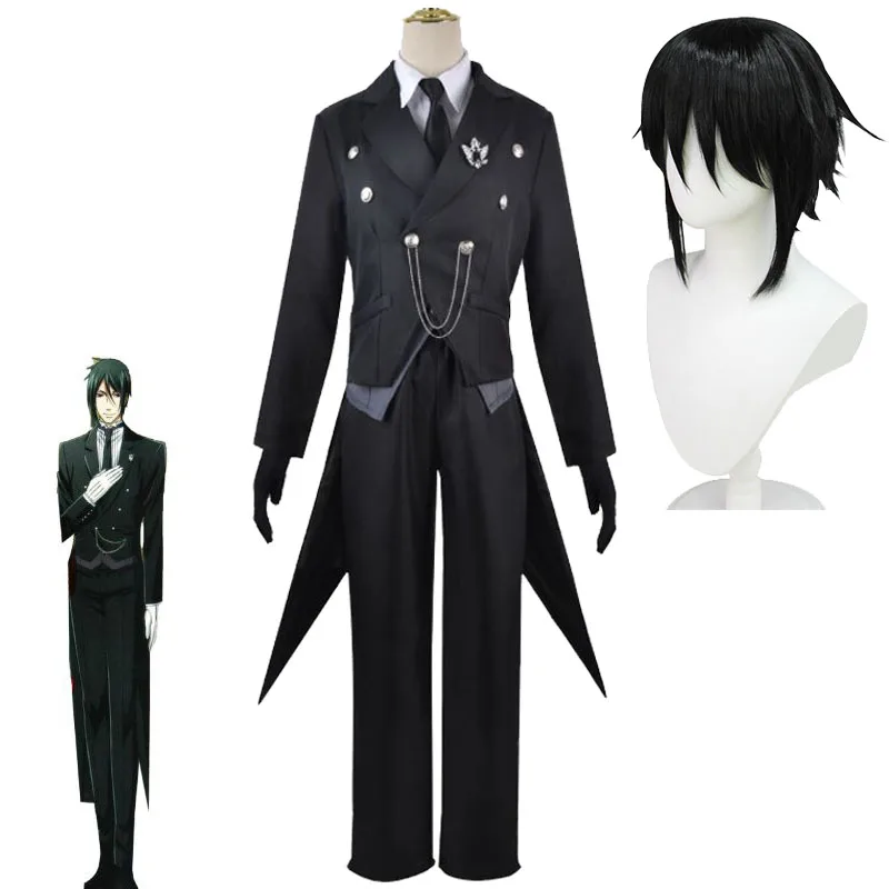 

Anime Sebastian Michaelis Cosplay Uniform Suits Black Butler Costume Swallowtail Full Outfits Demon Sebastian's Wig Headgear