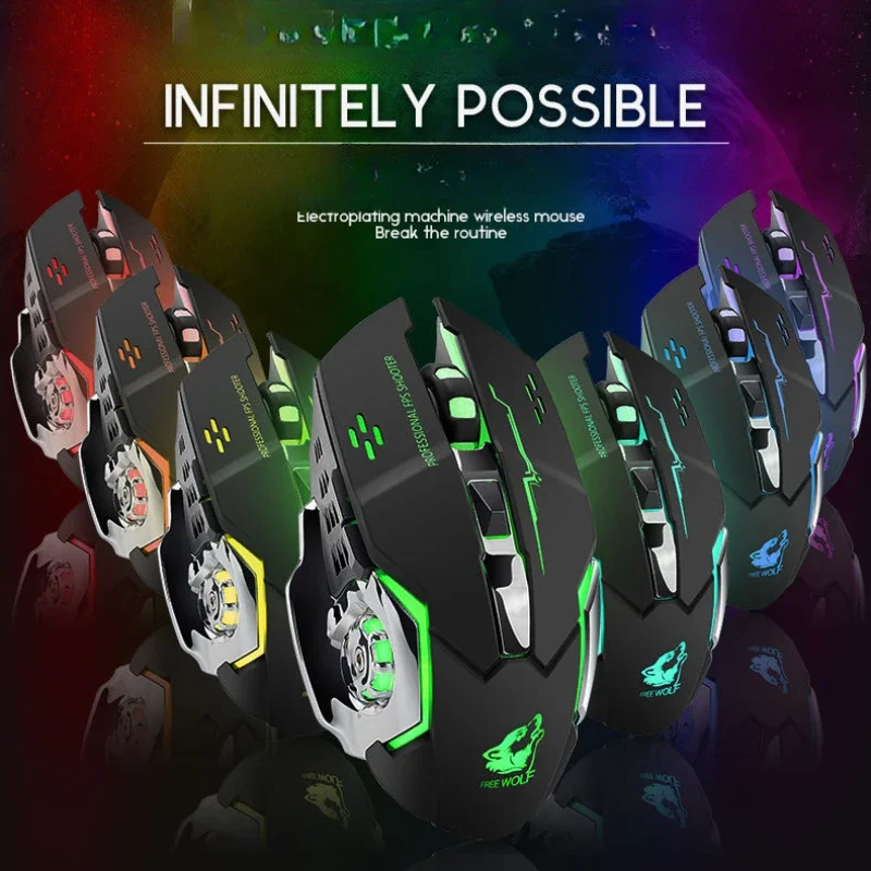 Free Wolf X8 Wireless Game Mouse Mute Backlit Mechanical Mouse Ergonomic Charging Optical for PC Laptop Desktop