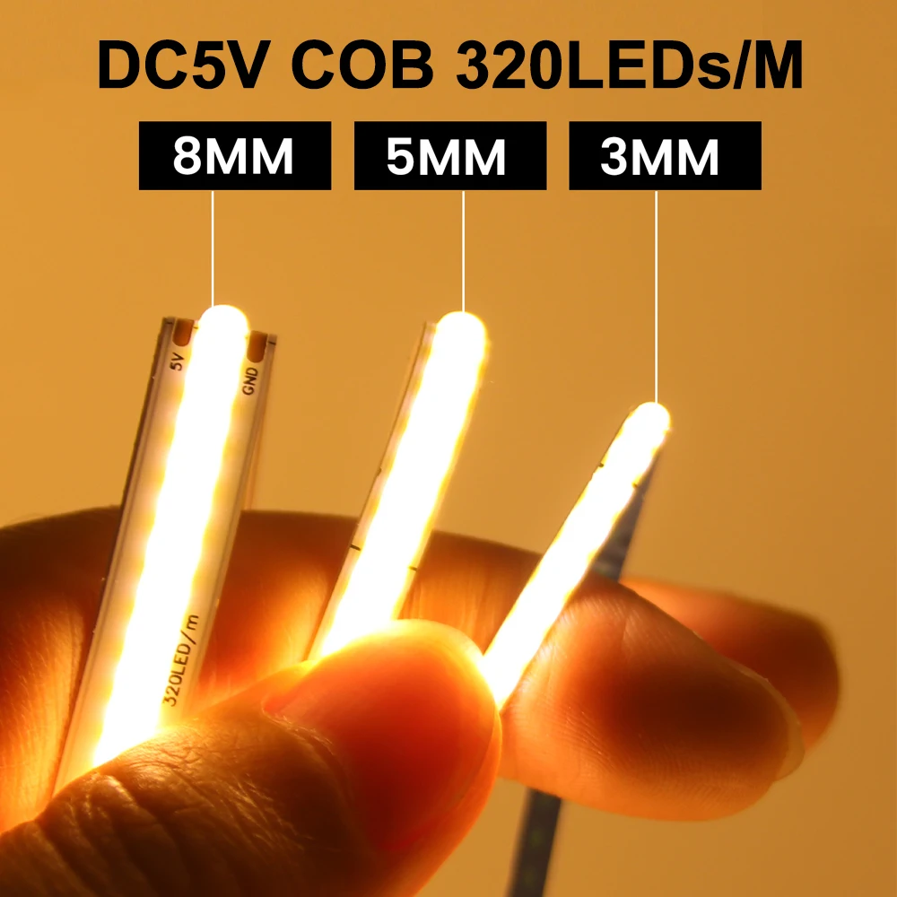 

DC5V COB LED Strip 3mm 5mm 8mm 320Leds/M High Density Flexible Ribbon Rope Tape 3000K 4000K 6000K FOB LED Light Cabinet Lighting