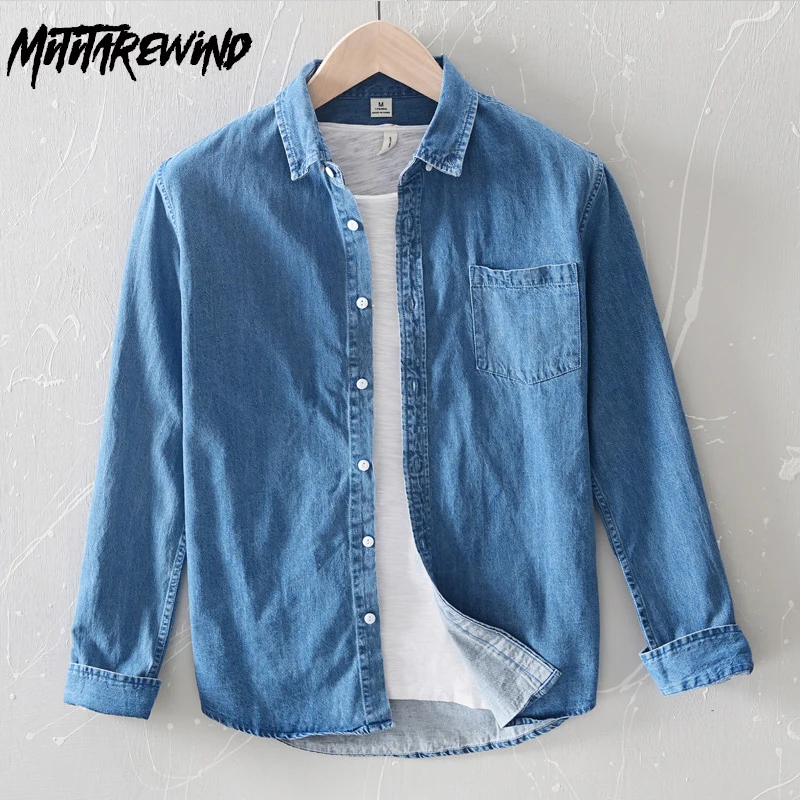 

New Mens Long Sleeve Shirt Commute Casual Denim Shirts Pure Cotton Pocket Light Blue Jean Shirt Youth Fashion Loose Cowboy Shirt