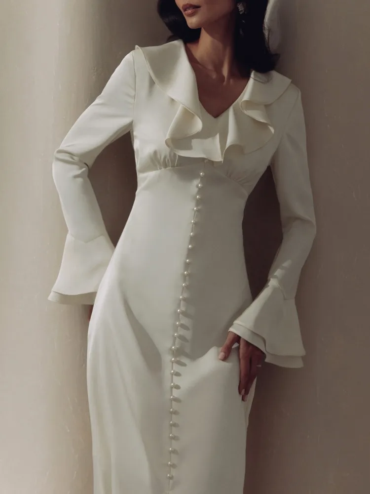 Ruffle V Neck Elegant Dress For Women Slim Long Sleeve High Waist Temperament Dresses Femme Party Slit Long Dress Woman
