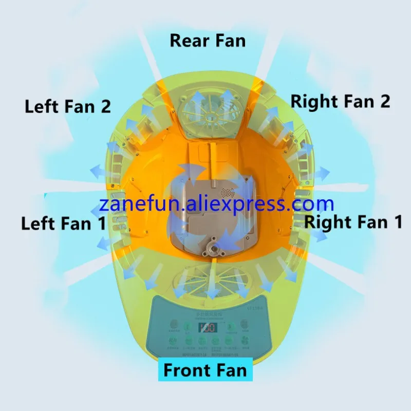 6개의 팬이 있는 LED 헤드라이트 헬멧 에어컨 블루투스 FM 라디오 20000mAh 리튬 배터리 보조베터리 SOS 알람 2개의 태양광 패널