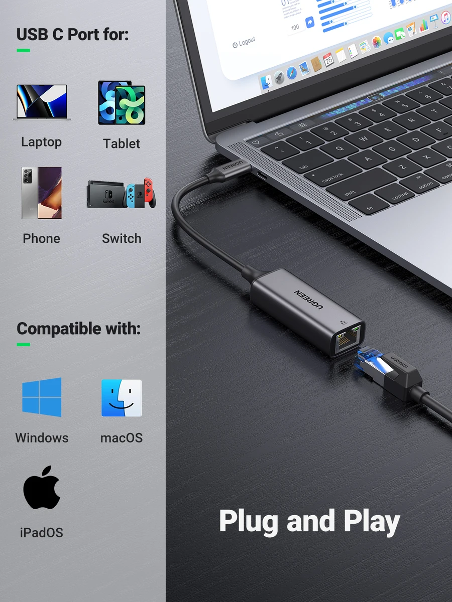 UGREEN USB Ethernet Adapter 1000/100Mbps USB Lan RJ45 For Laptop Macbook Samsung iPad USB Ethernet Network Card — view 6