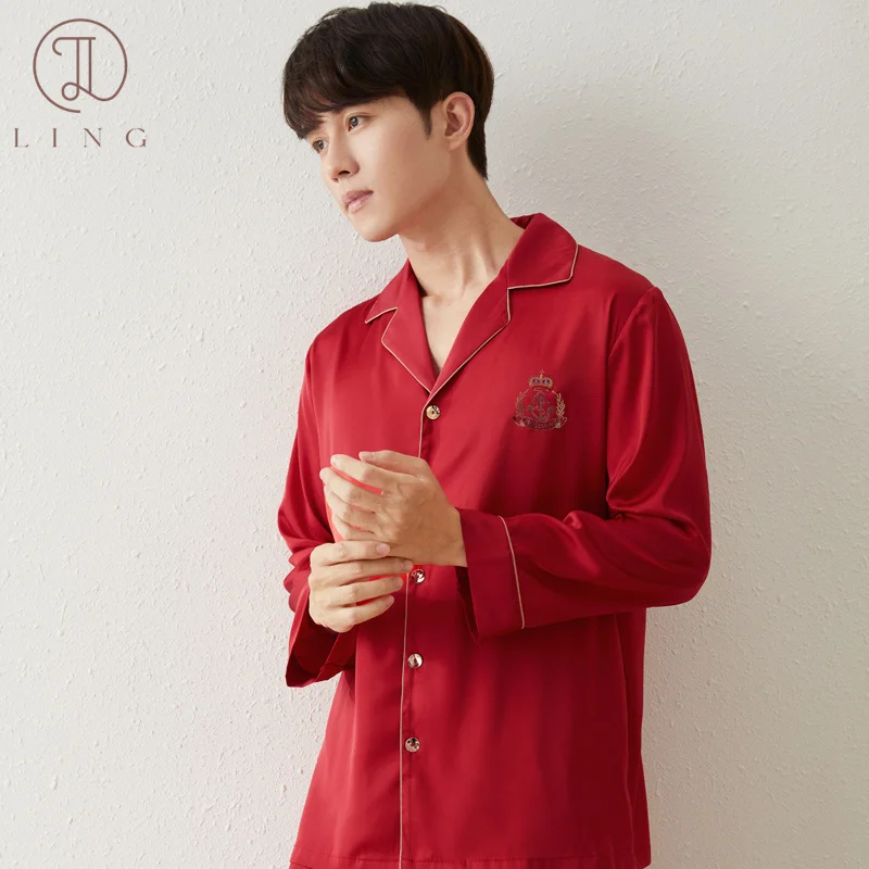 Ling Men's Long Sleeve Pajama Sets 2 Pcs Silk Satin Men's Sleep Lounge Sleepwear Sample Style 2 Pcs Sets Elastic Waist