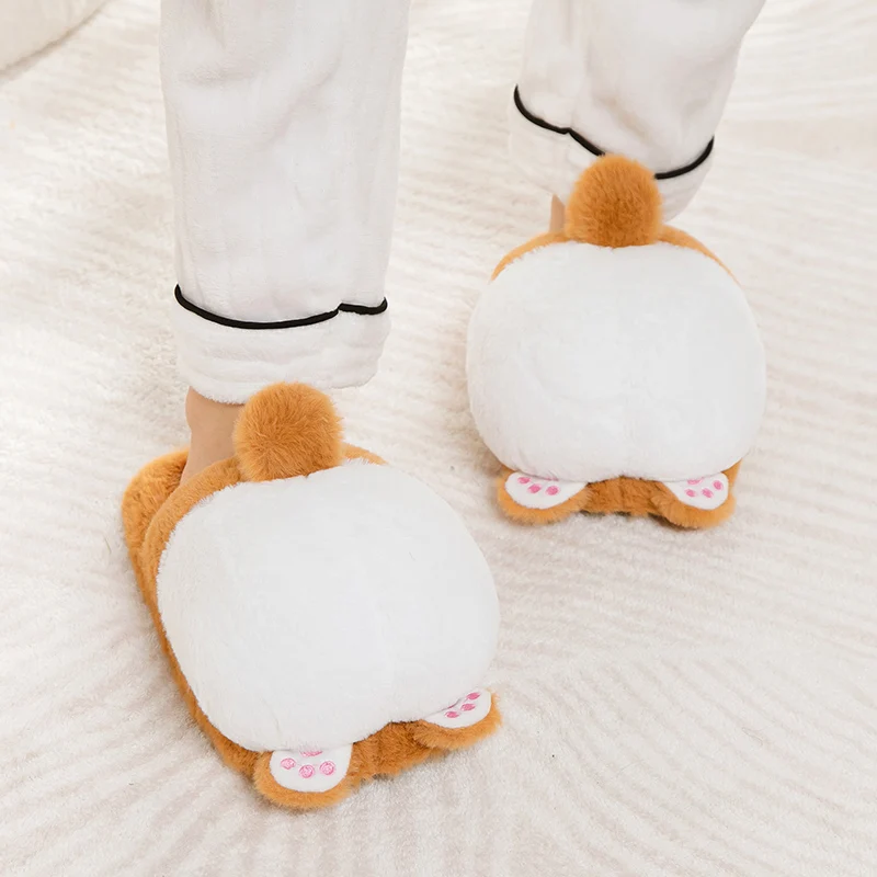 Plush Slippers Autumn and Winter Cotton Slippers Plush Warm Indoor Women Cute Corgi Hip Cotton Women