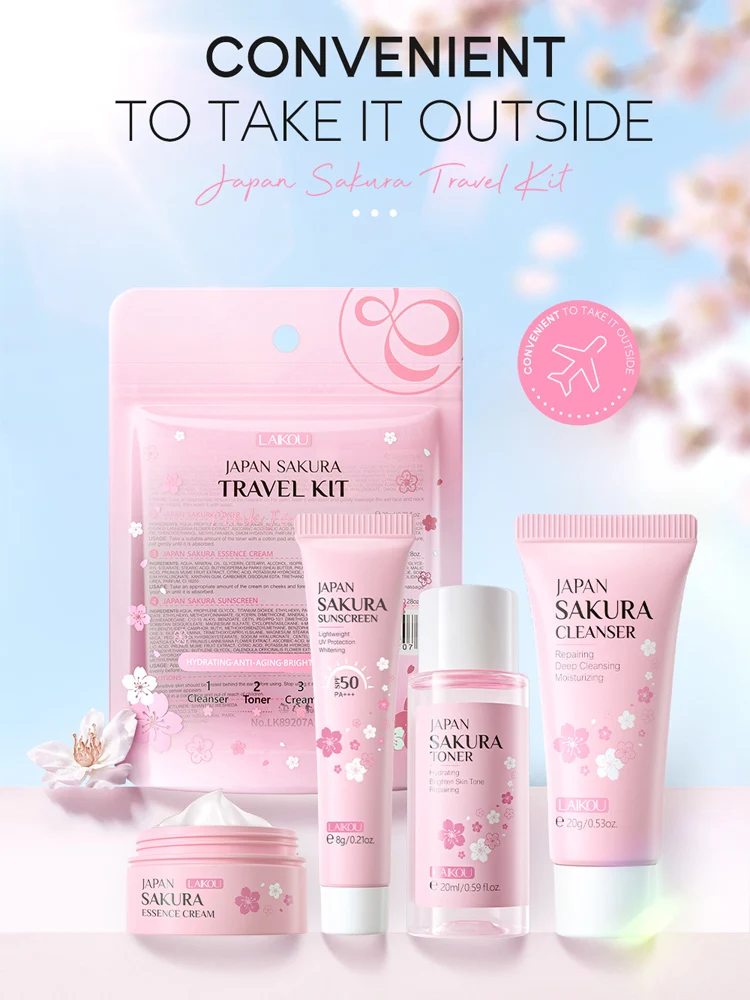 

4pcs/bag LAIKOU Sakura Skin Care Sets Facial Cleanser Face Cream Toner Sunscreen Moisturizing Anti-Aging Face Care Products