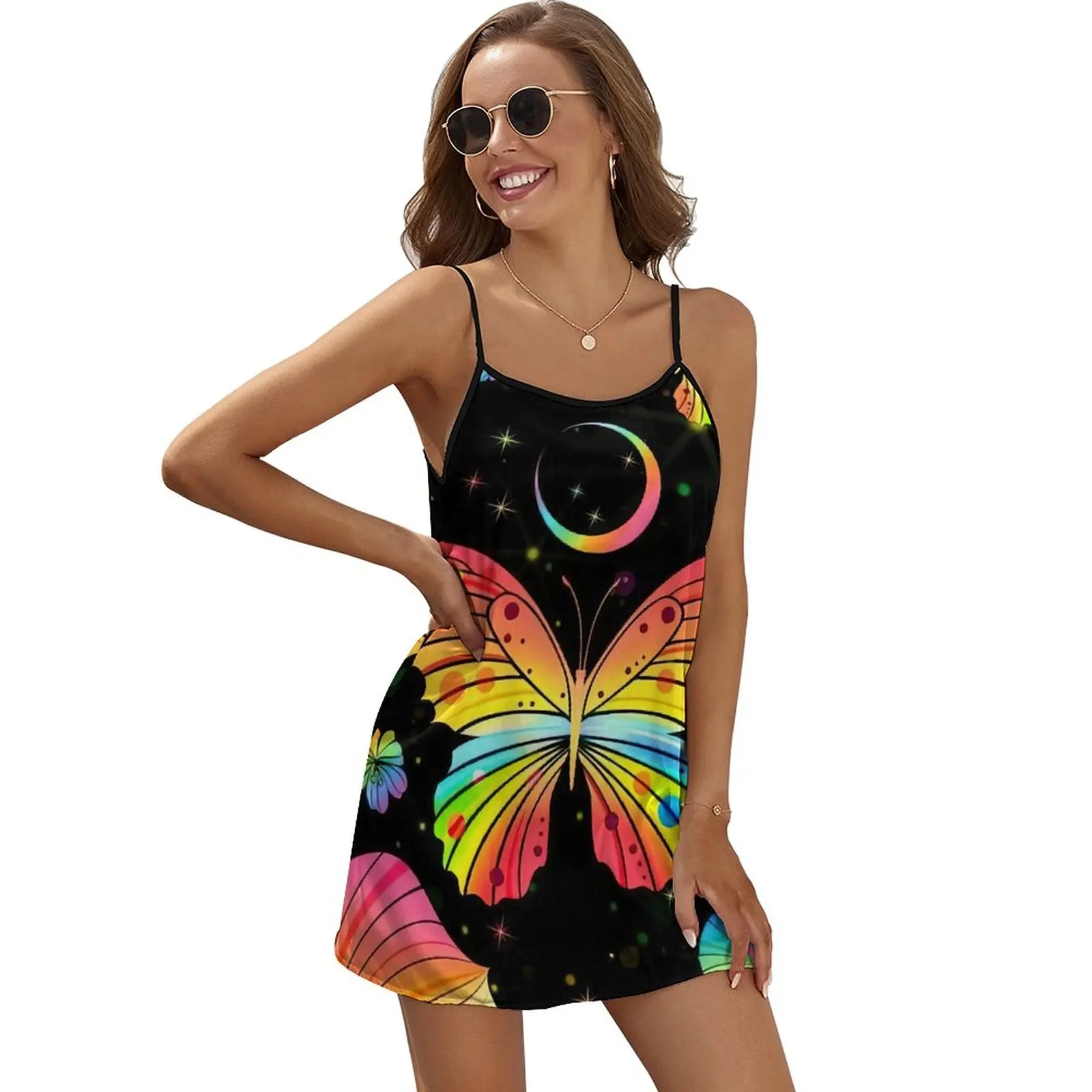 

Summer Women's Sexy Spaghetti Strap Dress Elegant Gown Butterfly Flower Print Casual Clothes For Woman