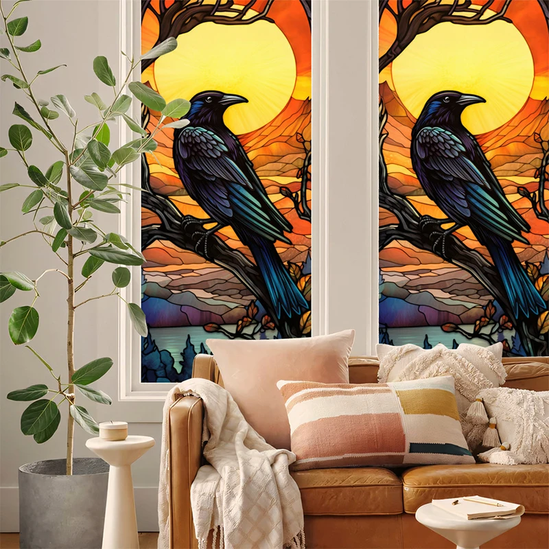 Stained Halloween Crow Colored Glass Film Electrostatic PVC Privacy Window Film Party Window Decor Stickers window film window privacy film window tint sticker