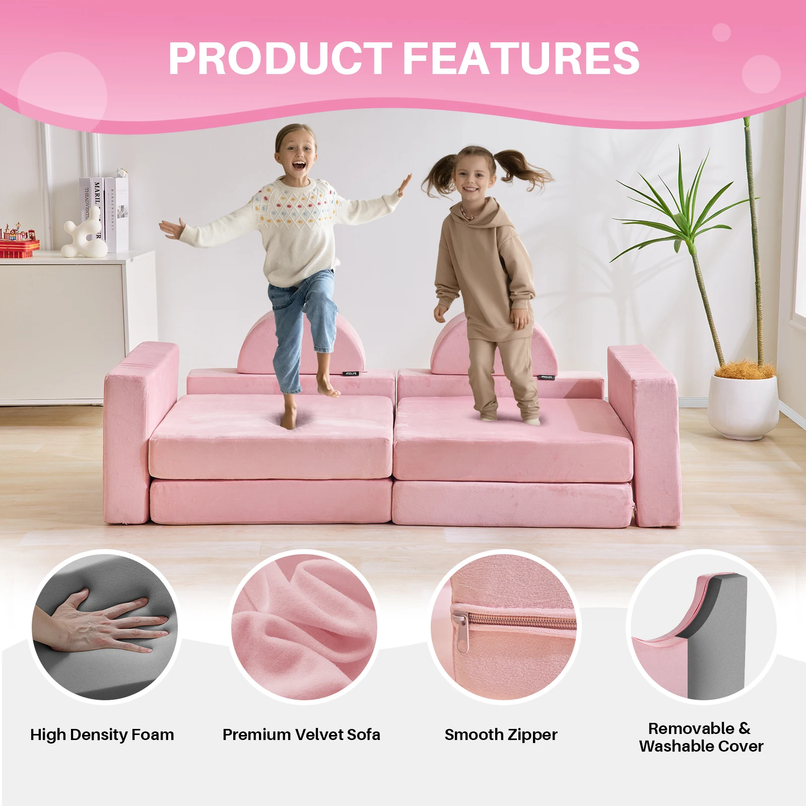 Redlife Modular Kids Play Couch 10PCS,Multifunctional Child Sectional Sofa Convertible Foam and Floor Cushion for Boys and Girls