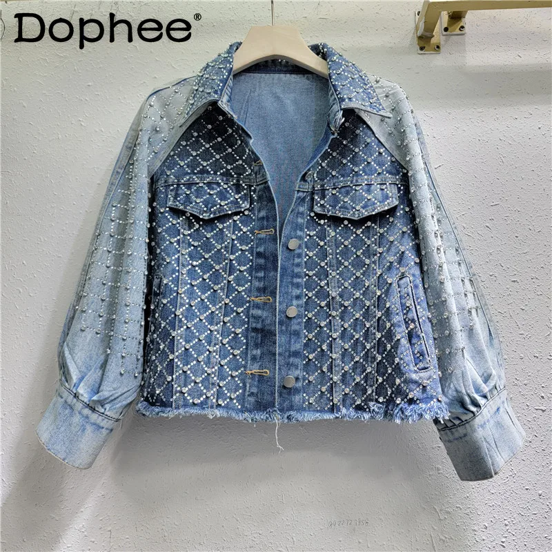 

Hot Drilling Beaded Vintage Washed Cotton Contrast Color Patchwork Denim Jacket Women 2024 Spring Autumn Polo Collar Short Coat