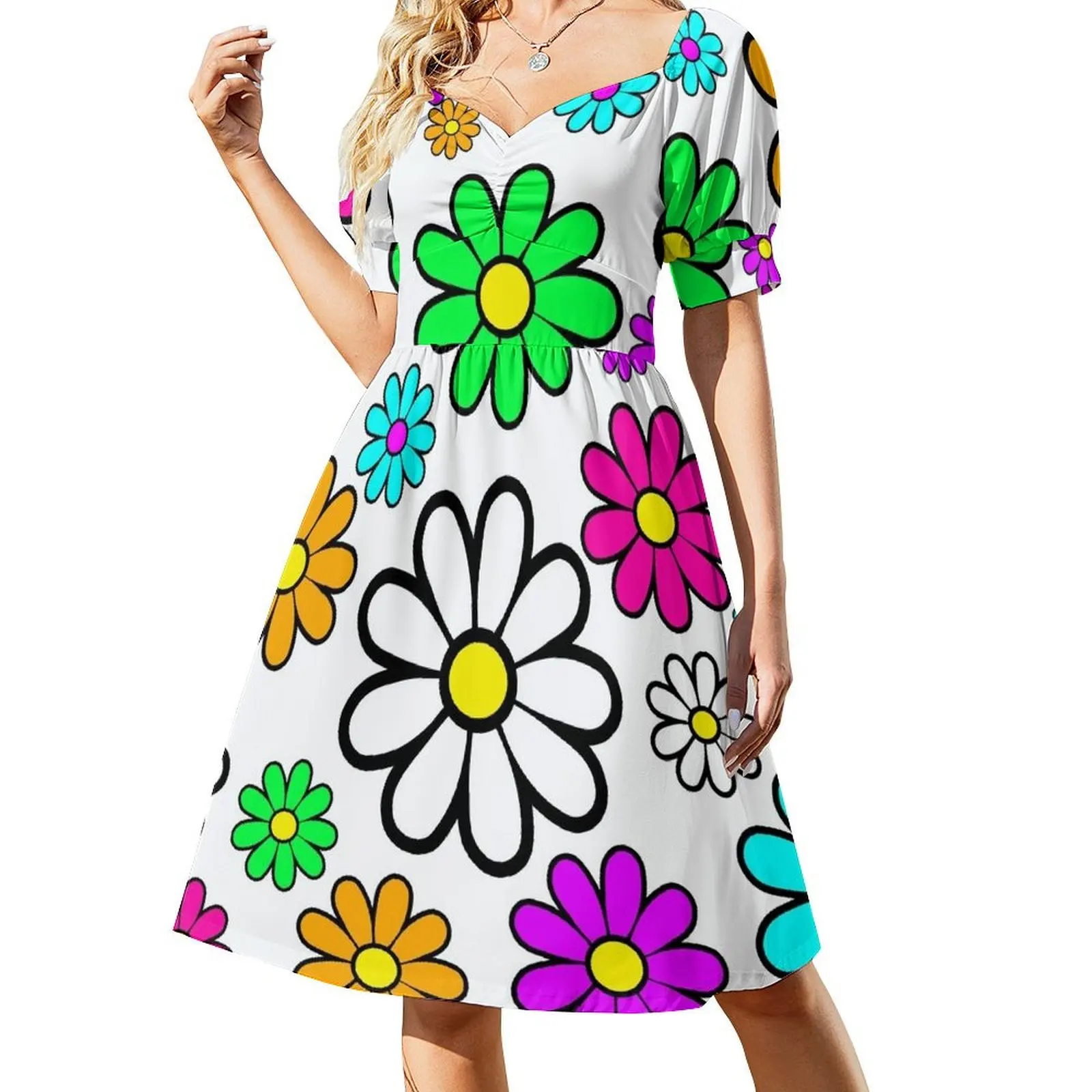 Vestido de verano de mujer con estampado de margaritas y flores alegres de manga corta.