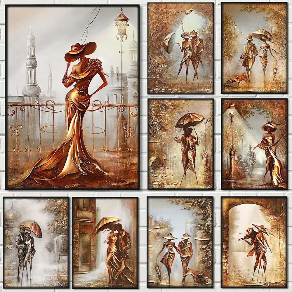 

Abstract Lover Couple With Umbrella Posters Canvas Painting Street Retro Wall Art For Modern Living Room Home Decoration Cuadros