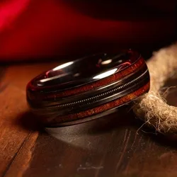 Rose Gold Stainless Steel Men's Ring with Koa Wood & Whiskey Barrel Inlay - 8 (Black)