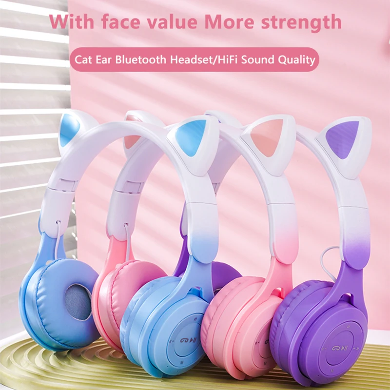 Cat Ear Wireless Bluetooth 5.2 Headphones Hi-Fi with Microphone Stereo Foldable Surround Sports Gaming Headset for PC Laptop