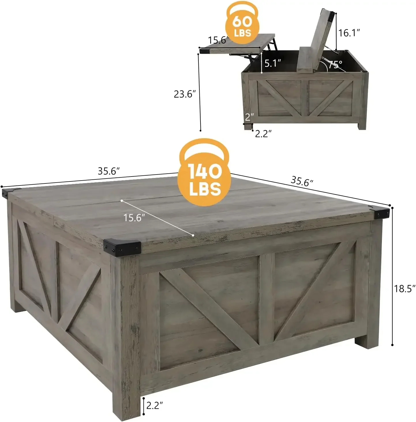 Farmhouse Lift Top Coffee Table with Storage, Central Table w/Large Hidden Space, for Living Room, Bedroom, Home Office 2