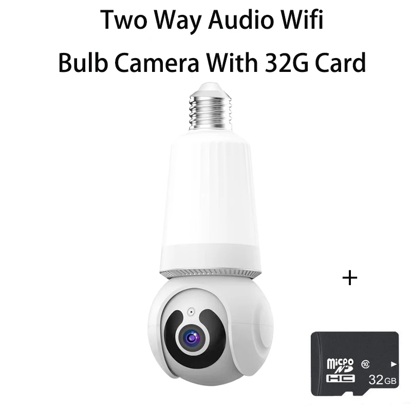 SpyCam Light Bulb-shaped security camera with built-in microphone, lens at the bottom, and a 32gb microsd card included.