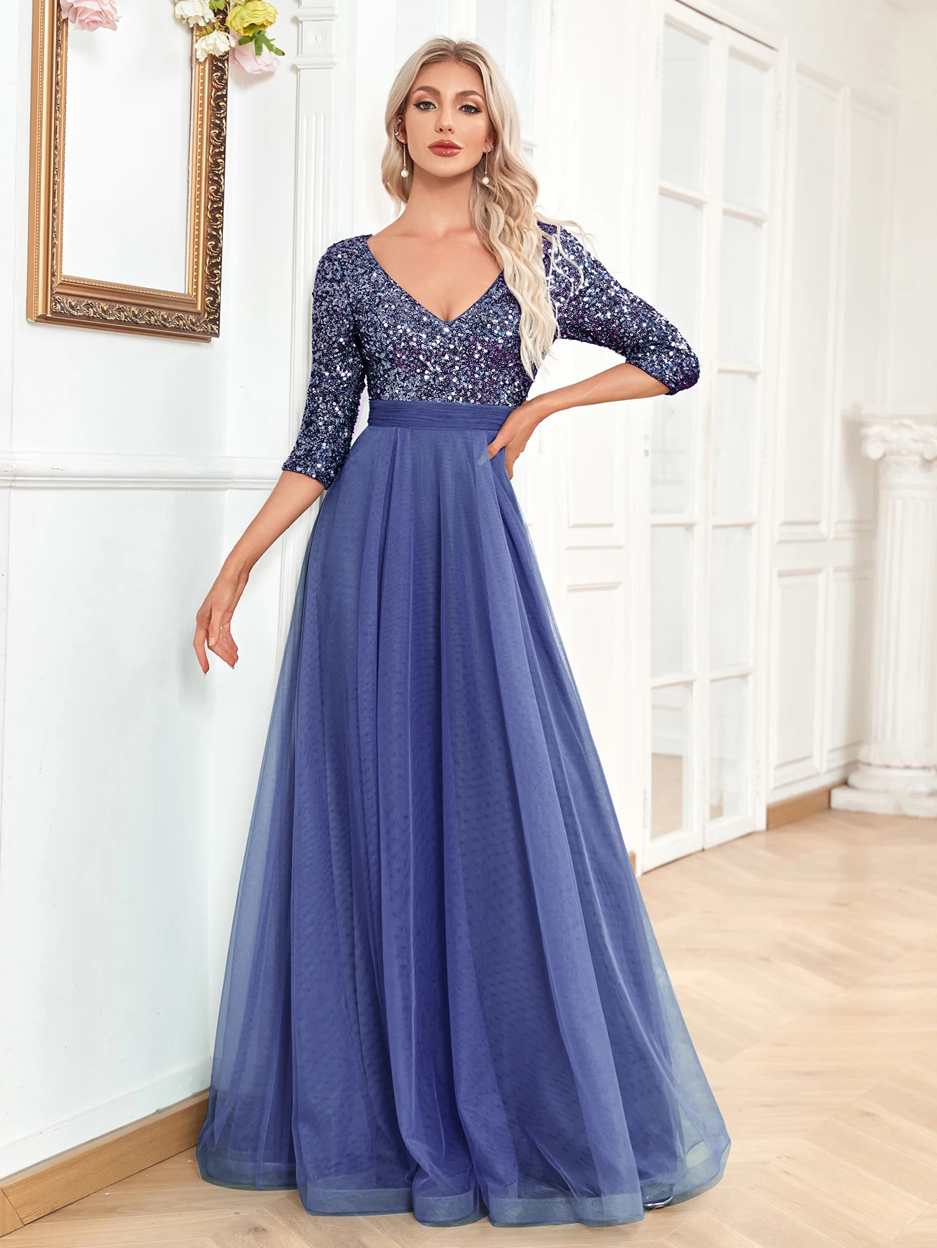 Sumnus Navy Blue Velvet Evening Dresses Full Sleeve V Neck Side Slit Draped  Satin Elegant Women Formal Gowns With Train - Evening Dresses - AliExpress