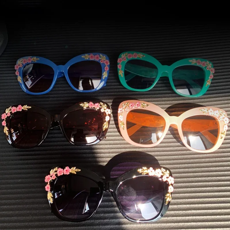 1pc-Rose Fancy Decorative Eyewear Fashion Retro Design Flower Sunglasses Women Vintage Metal Pink Flores Cat Eye Sun Glasses