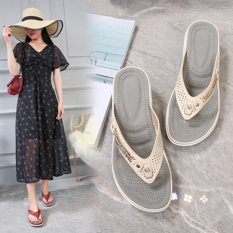 Women Slippers Summer Metal Button Slides Shoes Wedge Beach Sandals Outside Platform Leisure Flip Flops