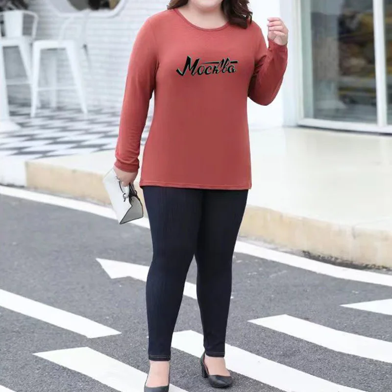 Korean Crew Neck 3D Letter Print Long Sleeve Loose T-Shirt Spring Autumn Female Clothing Casual Plus Size Pullover Bottoming Top