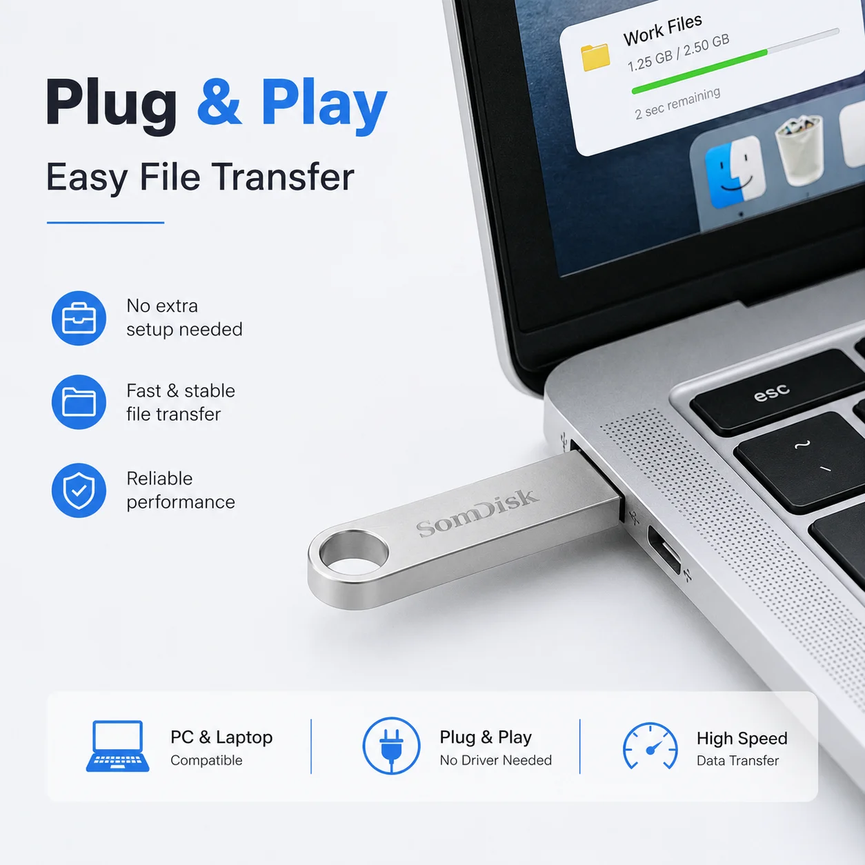 High-Capacity USB 3.0 Flash Drive with Keychain Attachment