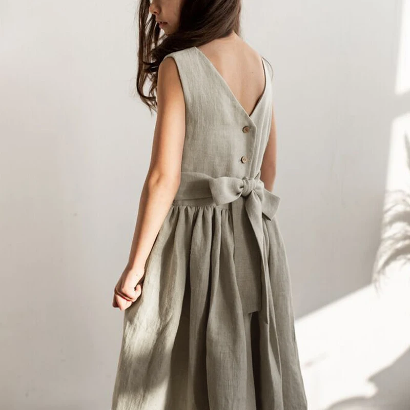 شيك عودة ضمادة القوس فستان كتان الفتيات الصيف جديد عادية فضفاض القطن الكتان أكمام فساتين الشمس ملابس الأطفال