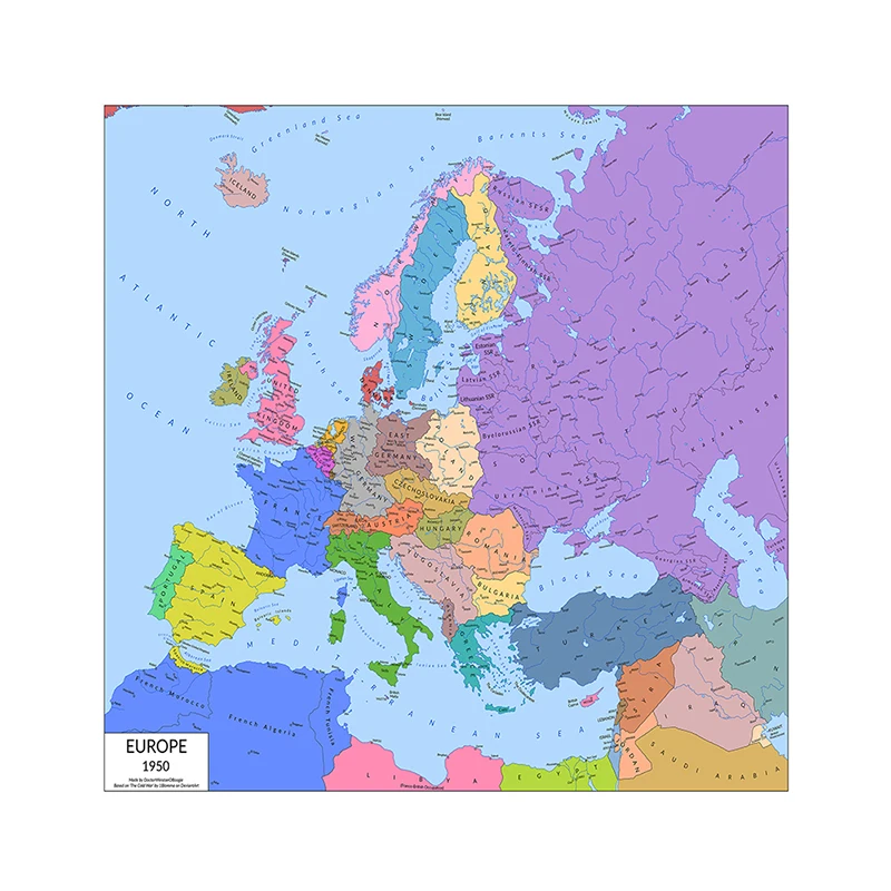 90*90cm The Europe Map In 1950 Non-woven Canvas Painting Wall Art Poster and Print Home Decoration School Teaching Supplies