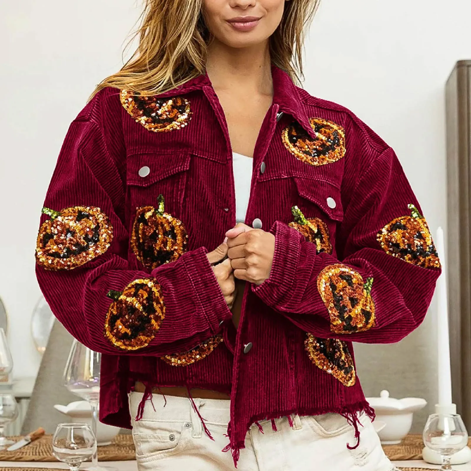

Lapel Corduroy Jacket Autumn Women Casual Punpkin Sequins Jacket Winter Fashion Loose Outwear Women's Clothing Short Coats