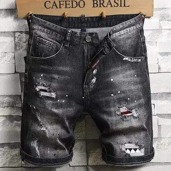 2025 Denim Shorts Men's Summer Trend Brand Printed Embroidered Trend Slim-Fit Casual Elastic Black Trousers Man Jeans Pants 1