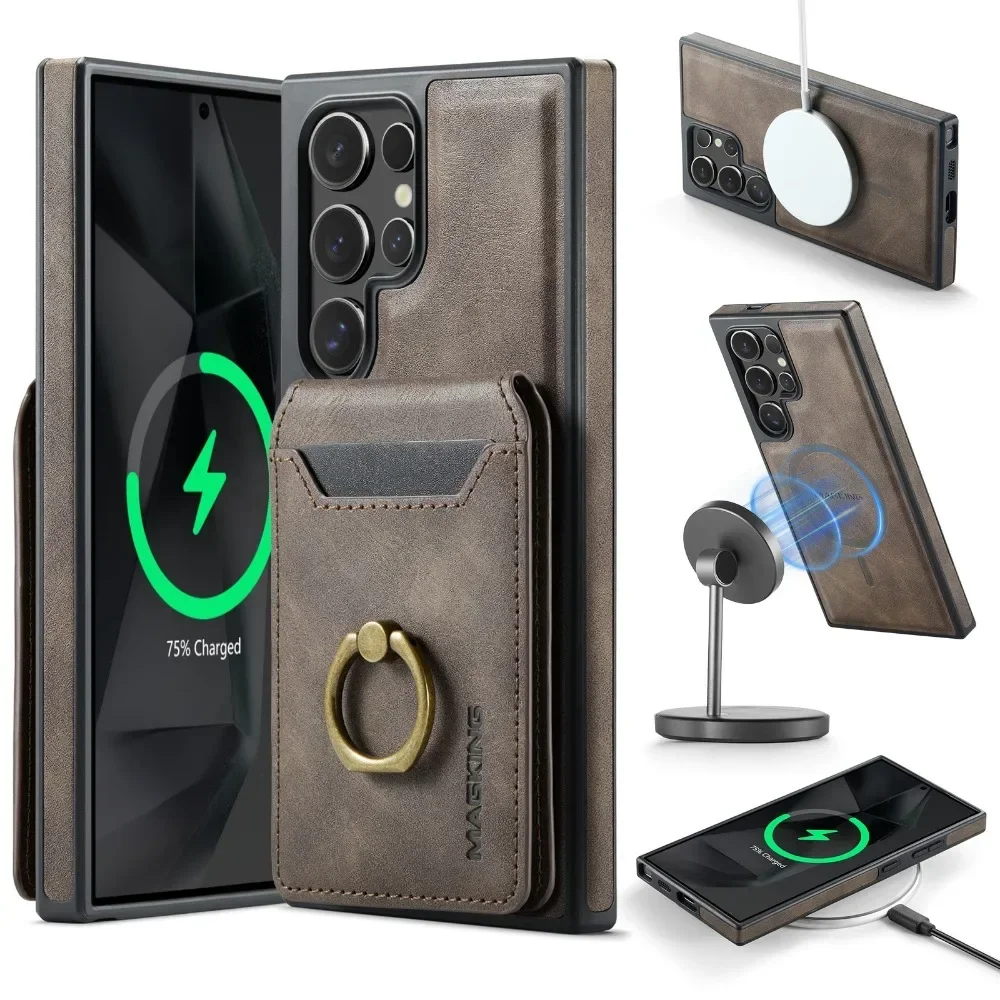 Detachable Magnetic Leather Wallet with Card Holder and Ring Cover