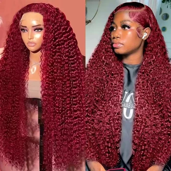 Amznlady 99J Burgundy 13x6 Deep Wave Frontal Wigs For Women 13x4 HD Transparent Curly Human Hair Wigs Pre Plucked 1