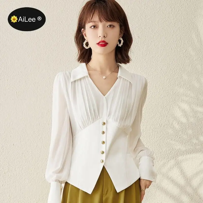 Mujer De Moda Femme Chic Design Blouse Long Lantern Sleeve Spring Top Chiffon Pleated High Waist Shirts Buttons N Neck Turn Down bpn fashion patchwork belts blazers for women notched collar long sleeve spliced buttons solid slim chic blazer female new style