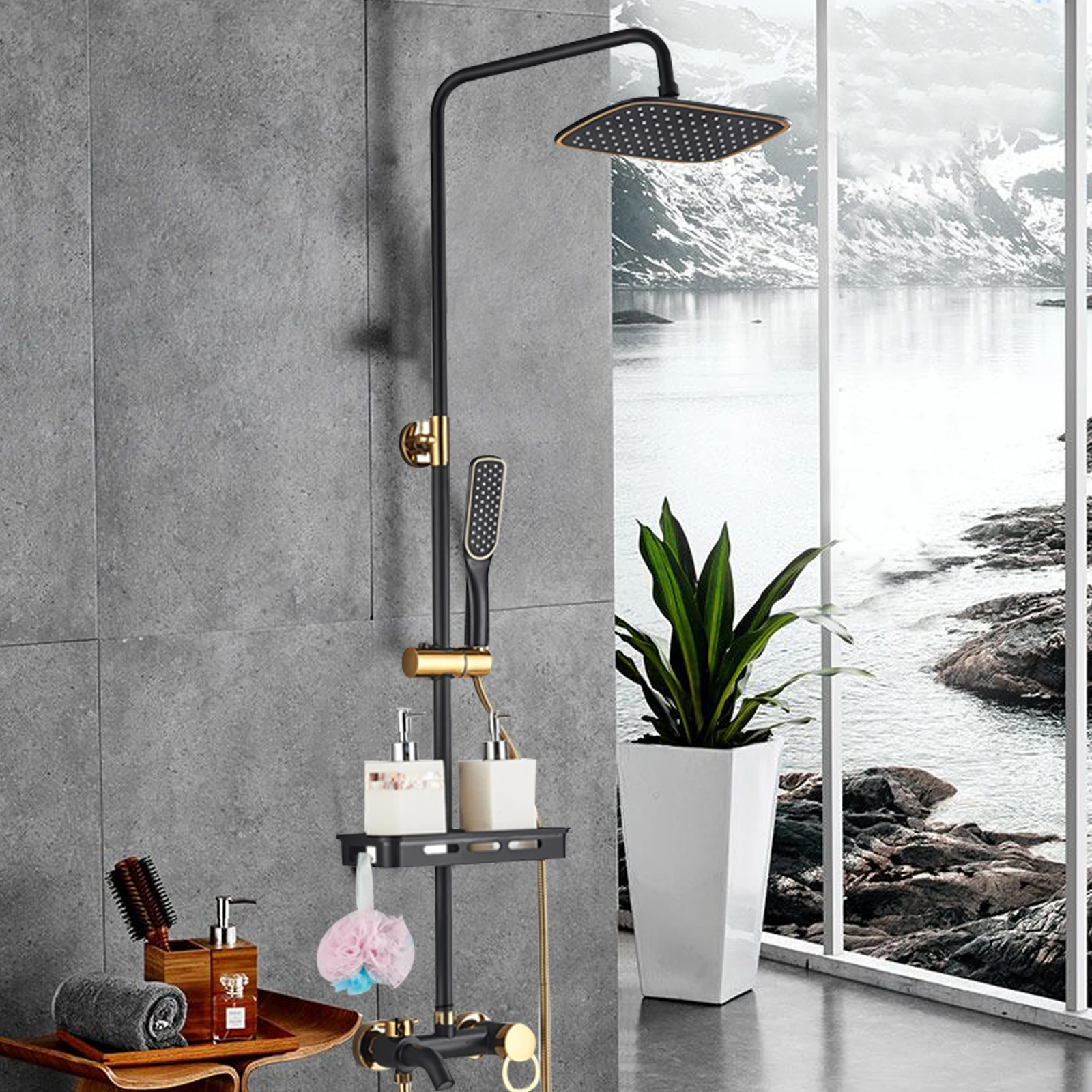 Black Shower Set Faucet Rainwater Manual System Pure Lead-Free Copper Material