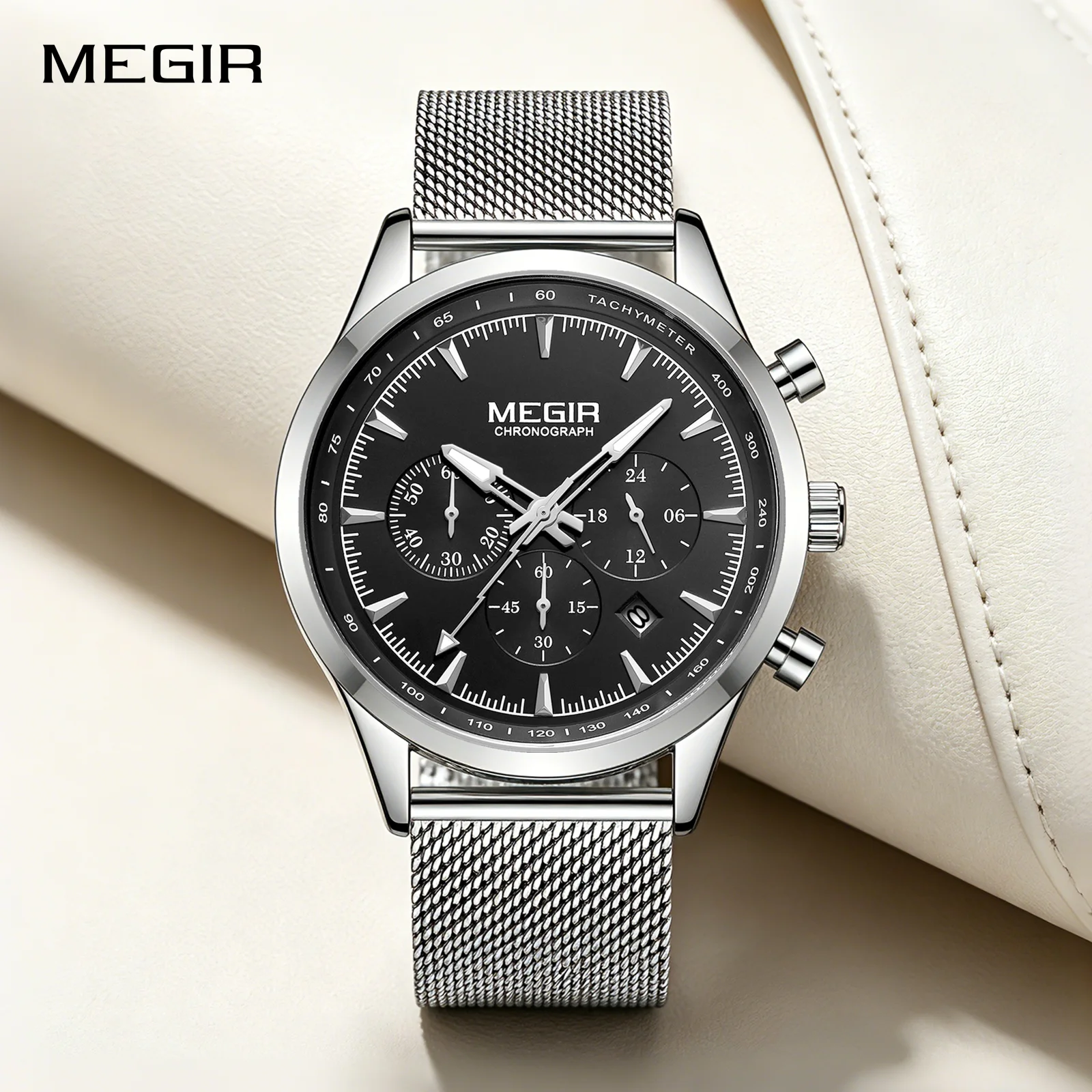 MEGIR Orologio Cronografo Sportivo da Uomo, Movimento al Quarzo, Bracciale in Rete d'Acciaio, Impermeabile, con Calendario, Orologio da Polso Casual per Gentiluomini