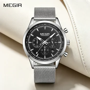 MEGIR Orologio Cronografo Sportivo da Uomo, Movimento al Quarzo, Bracciale in Rete d'Acciaio, Impermeabile, con Calendario, Orologio da Polso Casual per Gentiluomini