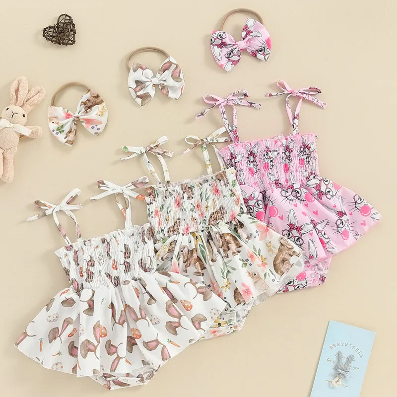 

Baby Girl Bodysuit Easter Outfits Sleeveless Tie Up Bunny Flower Print Caim Romper Dress 3D Bow Headband 2 Piece Infant Set