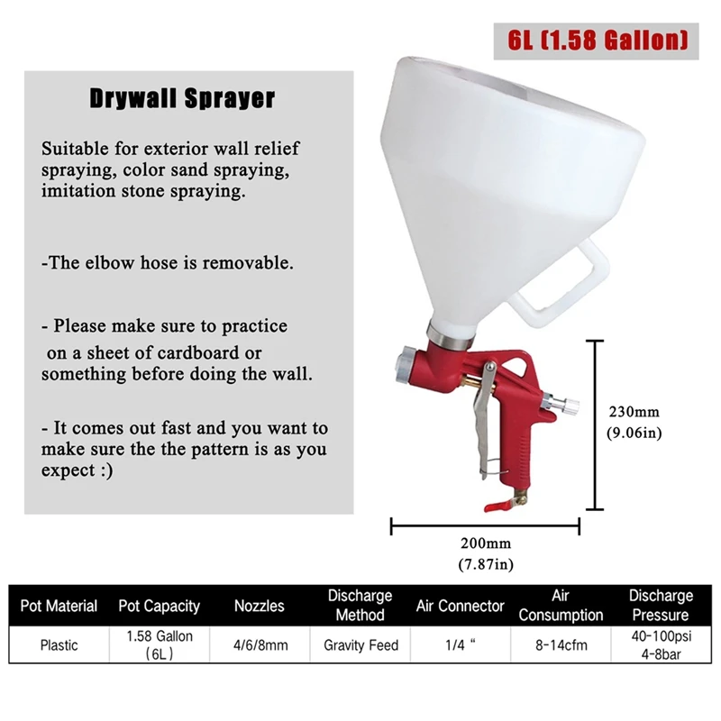 T02C-4/6/8Mm Nozzles Drywall Texture Painting, 1.58 Gallon (6L) Air Hopper With Elbow Hose For Walls Popcorn Ceilings