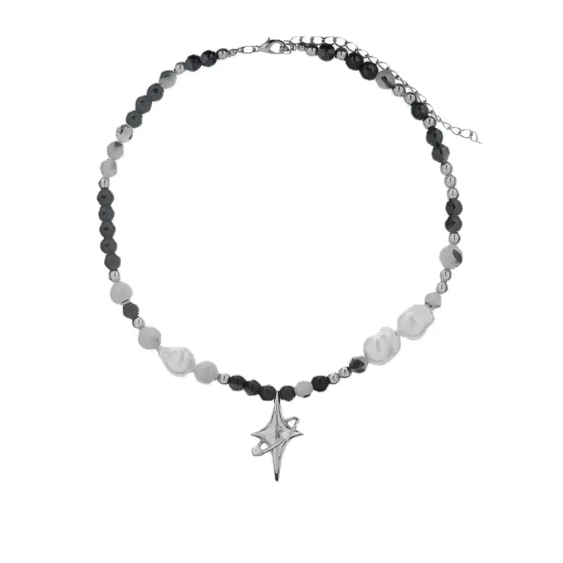 

Y2k Punk Star Pendant Baroque Pearl Necklace Asymmetric Black White Beads Necklace Choker Jewelry Gift for Women