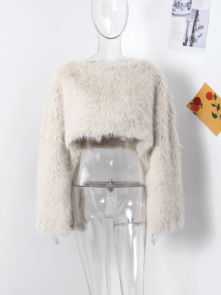 Elegant Crop Top Faux Fur Women 2024 Long Lantern Sleeves Thick Coats Female Autumn Winter Fashion Solid Warm Outwears Lady 5