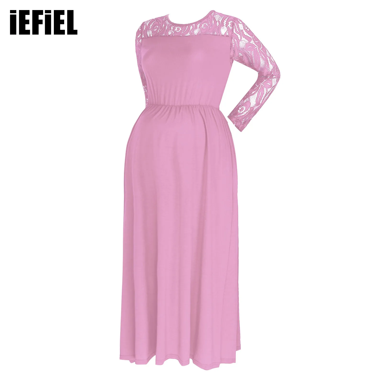 

Pregnant Women Lace Hollow Shoulder Dress Long Sleeve Patchwork High Waist Solid Color Round Neckline Elegant Clothing