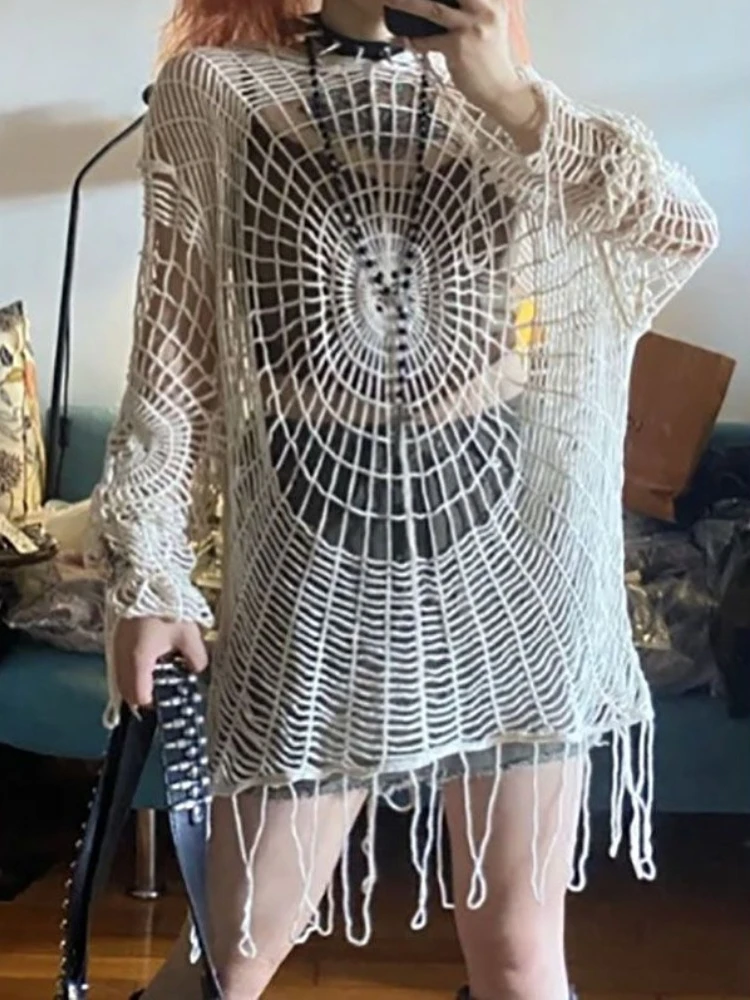 

Deeptown Y2k Spider Grunge Sweater Knit Knitted Hollow Out Design Punk Coats High Street Gothic Solid Sexy Top 2023 Autumn