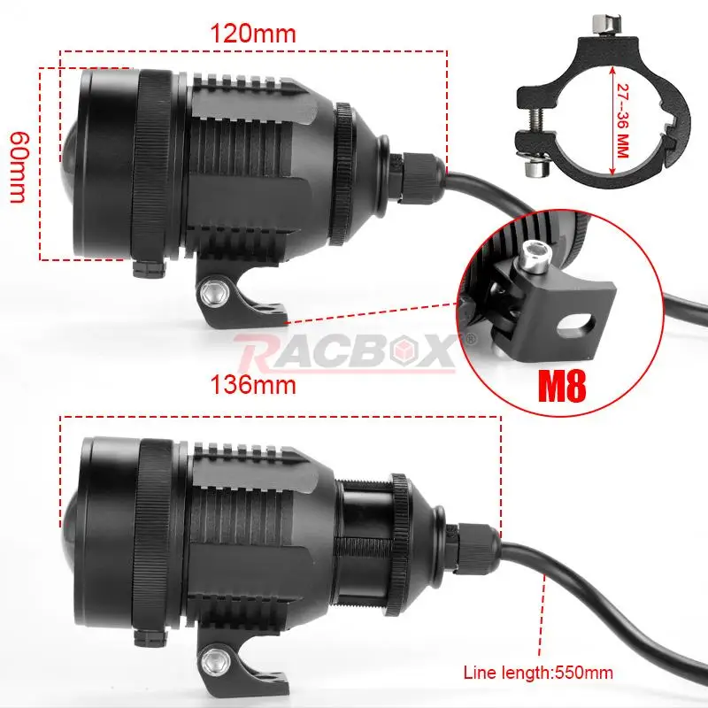 antibrouillard avant LED pour moto avec faisceau de cable au gruidon