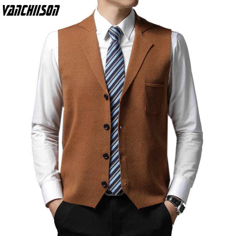 

Sleeveless Knit Jacket Sweater Vest Outwear Lapel for Autumn Winter Buttons Down Business Smart Casual Men Clothing 00022